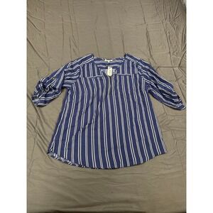 Speed Limit MPH Womens 2X Blue White Striped Quarter Zip Roll Tab Sleeve Blouse